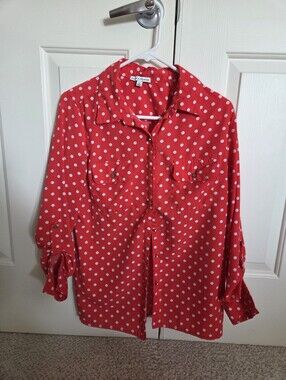 Notations Mediun Red/Orange Polka Dot Button-Up Blouse